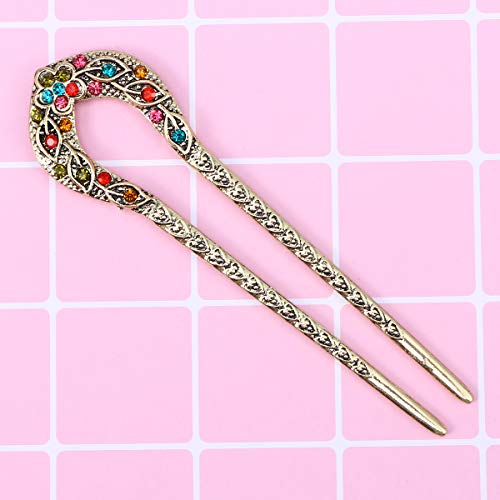 Double Prong Hair Pin U Shaped Crystal Chignon HairPin Stick Hairstyle Accessory for Women Girls(Colorful) - color: Colorful