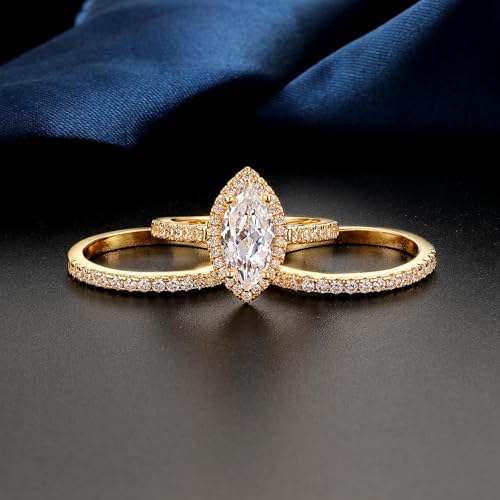 MDFUN Three in One Round/Oval/Eye/Teardrop Halo Wedding Bands Set Engagement Rings 18K Yellow Gold Plated Cubic Zirconia Promise Eternity Band for Women Size 5-10 - style: Eye