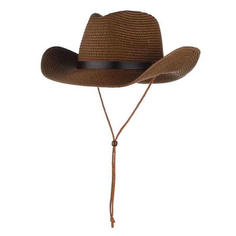 Wide Brim Straw Cowboy Hat for Men Women Western Cowgirl Sun Hat Packable UPF 50+ Beach Cap Shapeable Fedora Panama Cap - color: Coffee