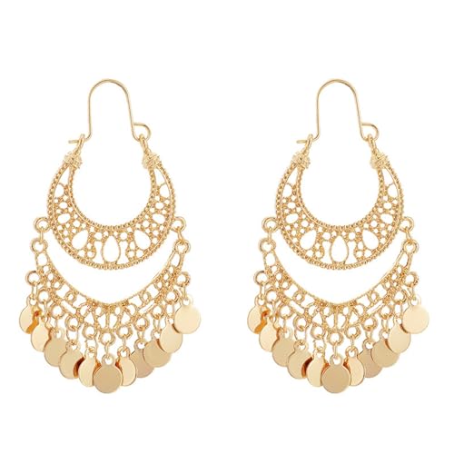 Boho Antique Carved Flower Dangle Drop Earrings for Women Vintage Retro Handmade Hollowed Antiqued Bronze Floral Shaped Geometric Gold Silver Plated Hoop Earrings for Ethnic Style Jewelry Gifts - color: Gold coin hoop earrings
