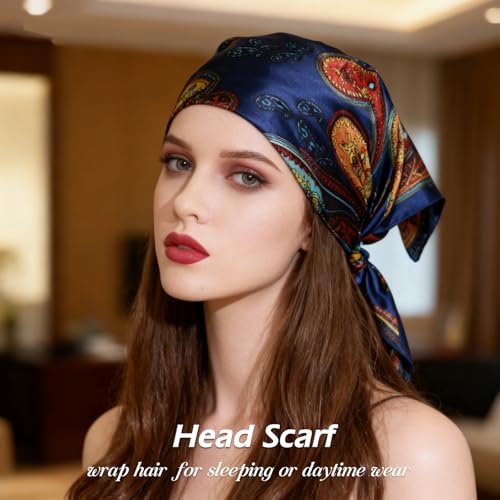 Ciormis 35" Silk Head Scarf for Women, 4 Pcs Satin Hair Scarf Square Silk Bandana Top Neck Scarves Hair Wraps for Sleeping - color: C1-art-set2