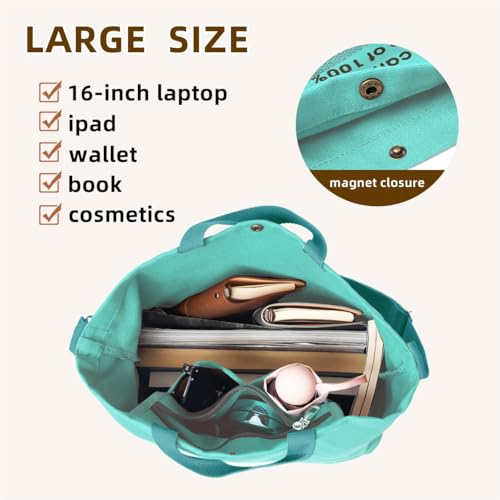 Canvas Tote Bag For Women inside out bag Crossbody Handbag with Adjustable Strap and Coin Purse for Work,Travel,Grocery - color: Mint Green