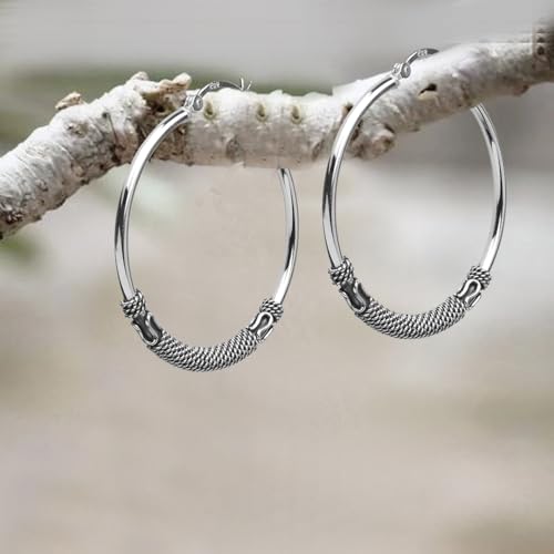 Charmsy 925 Sterling Silver Oxidized Balinese Hoop Earrings for Women | Lightweight Click Top Antique Oxidized Balinese Hoops Earring | Sise 30-60mm - color: Bali Hoop-35MM/1.37"
