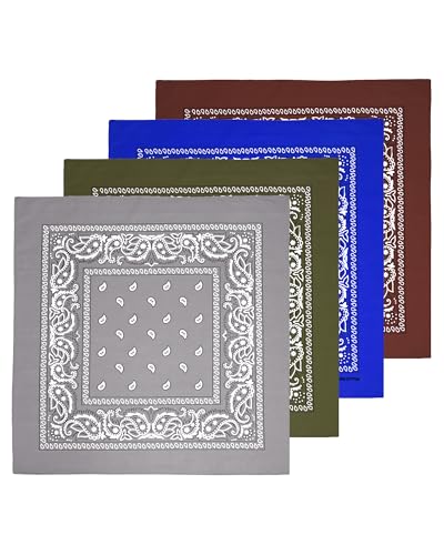 Bycc Bynn Large 27" x 27" 100% Cotton Bandanas - Set of 4 - color: Royal Blue+gray+brown+army Green