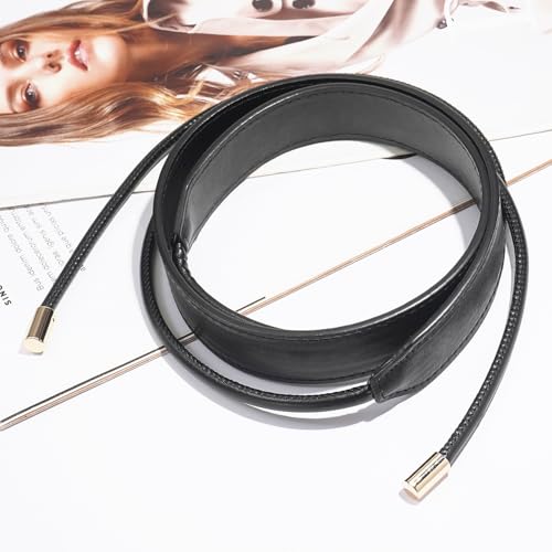 Women PU Leather Tie Waist Belts Knotted Thin Skinny Rope Waistband - color: Black