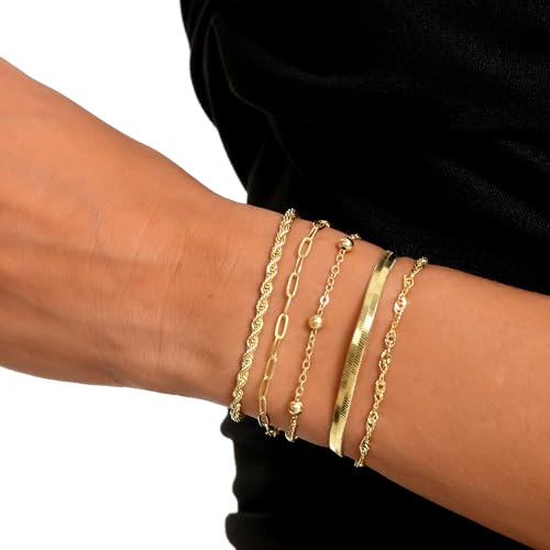 Dainty Gold Bracelets for Women, 14K Gold Plated Stackable Bracelet Set, Adjustable Beaded Cuban Paperclip Herringbone Figaro Snake Rope Chain Jewelry - style: Set8 Gold 5Pcs