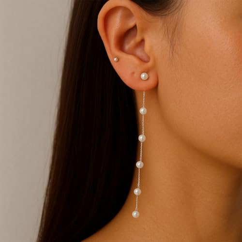 HAXIYA Lariat Gold Necklace for Women Dainty Long Necklace 14K Gold Plated/Silver Y-Shaped Pendant Drop Chain Layered Pearl/Beaded/CZ Necklaces Gold Jewelry Gift for Prom/Wedding - style: Pearl Set - Silver