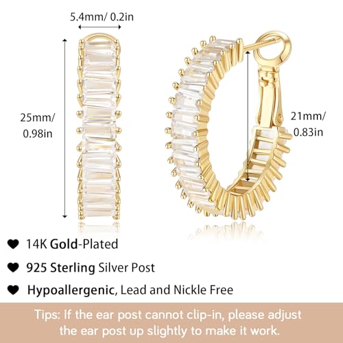 Trendy 14K Gold Plated Hoop Earrings for Women, Chunky Gold/Silver Earrings for Women Cubic Zirconia Baguette Hoop Earrings Heart Hoops Lightweight Hypoallergenic Jewelry,25mm/35mm/40mm/50mm - color: 01 Gold CZ Hoops 25mm