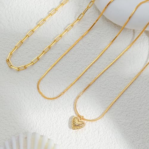 6PCS Layered Gold Necklaces for Women Trendy, 18K Gold Plated Cross Pendant Necklace Set, Vintage Chunky Gold Necklace Stack for Women Jewelry Gifts - style: 3PCS Layered Heart Necklace