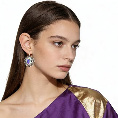 Handmade Bohemian Vintage Gold Sparkly Crystal Round Flower Leverback Earrings Cute Rhinestone Geometry Dangle Drop Earring for Women - color: Colorful Grey