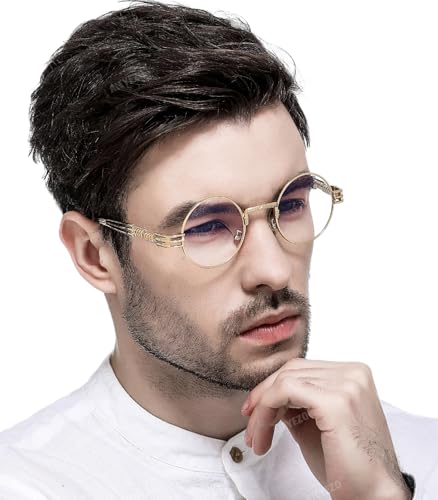 AIEYEZO Round Steampunk Sunglasses for Men Women Retro Circle Hippie Glasses Metal Frame 100% UV Blocking Lens - color: A1 Gold/Transparent