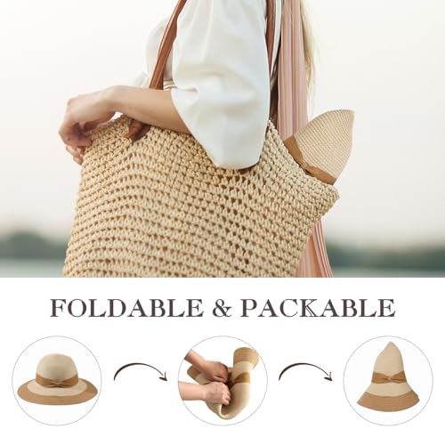 Beach Hats for Women, Sun Straw Hat for Women, UPF 50+ UV Sun Protection Sun Hat Womens, Foldable Floppy Sun Hat - color: D-khaki & Beige