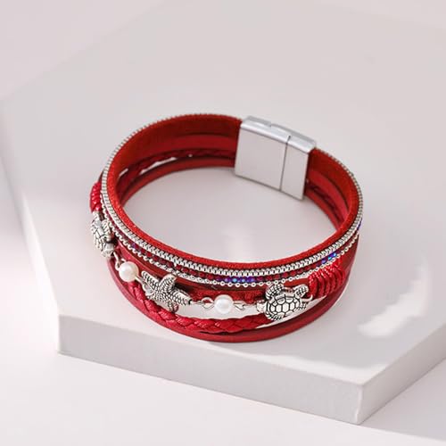 Long tiantian Boho Leather Wrap Bracelets Western Bracelets for Women Stackable Starfish Crystal Pearl Turquoise Leather Bracelet With Clasp Jewelry Gifts Boho Dresses - color: B2:RED Bracelet