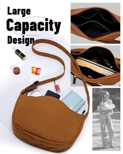 Crossbody Crescent Bag for Women Men Trendy, Crescent Sling Bag with Adjustable Strap, 2 Zippers Lightweight - color: Brown