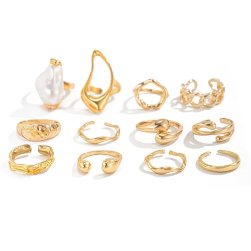 Chunky Gold Rings for Women Non Tarnish Boho Stackable Rings Set Adjustable Open Joint Finger Midi Knuckle Ring Packs - color: Gold Pearl Rings 12Pcs
