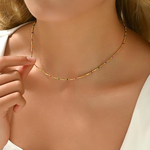 NONAMOIS Gold Chain Necklace for Women Dainty 18K Gold Plated Thin Satellite Beaded Turquoise Necklace Simple Layered Boho Jewelry Christmas Gifts - color: Colorful Chain-Gold