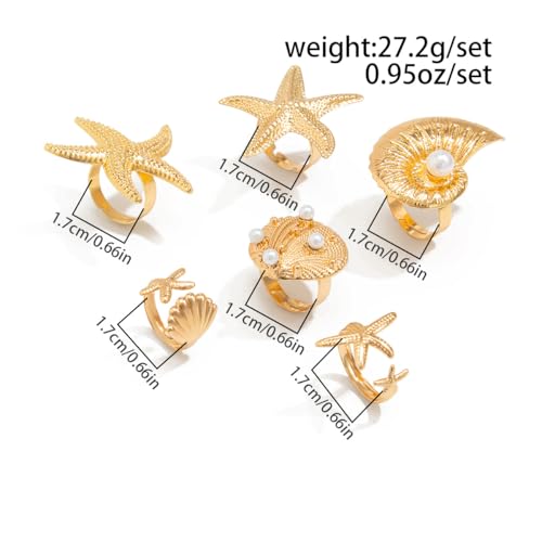 MIFYNN Chunky Gold Starfish Seashel Ring for Women Dainty Conch Pearl Ring Set Boho Ocean Stackable Rings Fashion Adjustable Beach Statement Rings Set Summer Charm Jewelry for Women - color: Gold-6Pcs