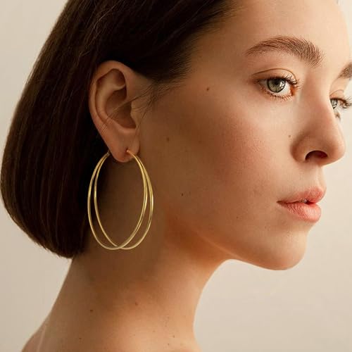 OOOPEL Large Thin Double Hoop Earrings for Women Lightweight Hypoallergenic 925 Sterling Silver Post 14K Gold Hoops Non Tarnish Sturdy Big Thin Double Layered Hoop Earrings 30/40/50/60mm - color: Gold, size: 60mm