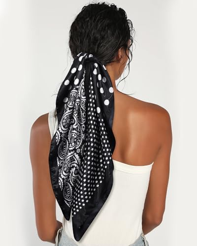 AWAYTR 35” Satin Head Scarf for Women Like Silk Scarf for Hair Scarf Satin Hair Bandana Women Headscarf Hair Wrap Scarf Neck - color: Cashew - Black