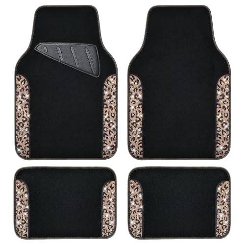 CAR PASS Bling Diamond Car Floor Mats, Shining Rhinestone Carpet Sparkly Glitter Crystal with Anti-Slip PVC Heel Pad Waterproof Universal Fit Automotive SUV,Sedan,Van,Cute Girl Women,4pcs Gold Leopard - color: Gold Leopard