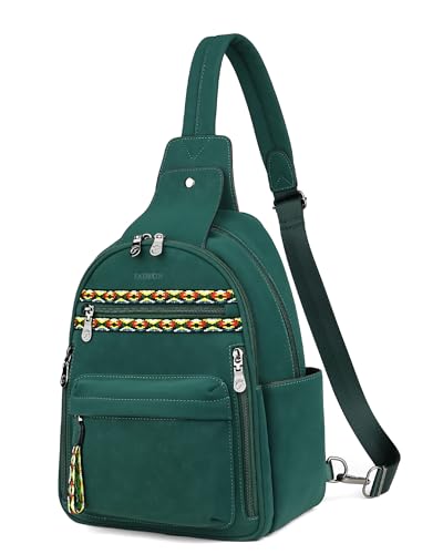 FADEON Large Sling Bag for Women, Leather Crossbody Purse Designer Anti Theft Sling Backpack, RFID Fanny Packs for Travel - color: Dark Green Nubuck Style