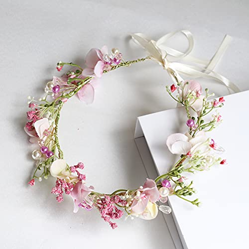 Vivivalue Boho Flower Crown Adjustable Flower Headband Hair Wreath Floral Headpiece Halo with Ribbon Wedding Party Festival Photos Pink - color: 2