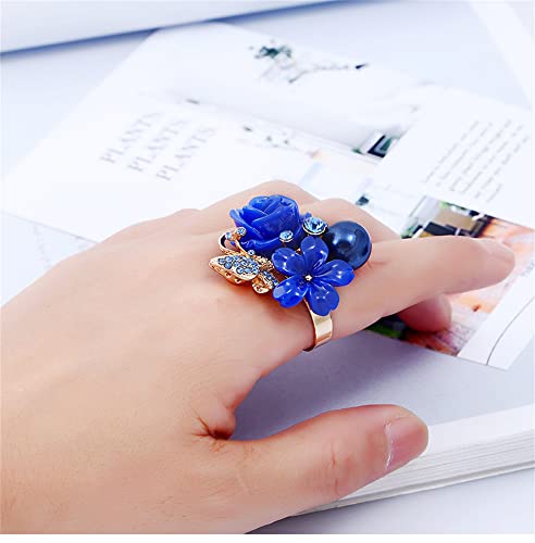 CZ Rose Flower Wedding Ring for Women Statement Engagement Round Rhinstone Crystal Aryclic Daisy Plumeria Adjustable Open Wrap Finger Rings Comfort Fit Cocktail Party Valentine Jewelry - color: Blue