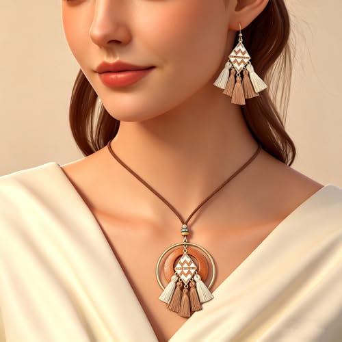 Wooden Leather Necklaces Set Bohemian Wood Stack Discs Long Chain Hemp Rope Bronze Plated Pendant Ethnic Tribal Fall Leaf Earrings Jewelry Statement Necklace - color: R-032