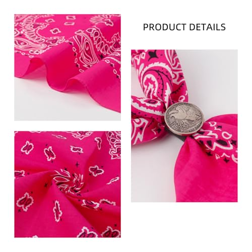 Western Bandana Scarf With Vintage Coin Buckle, Paisley Pattern Neck Scarf for Men Pocket Square Cowboy Scarves - color: Rose Red