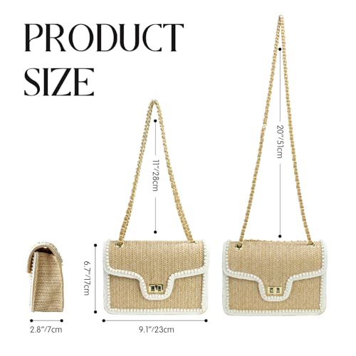 Straw Crossbody Bags for Women,Summer Beach Purse Vacation Shoulder Handbags with Pearl Trim - color: Khaki
