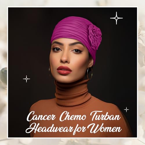 JenPen 4 Pcs Cotton Chemo Headwear for Women Turban Soft Cancer Head Scarf Hats Beanie Elastic Hair Wraps - color: Purple, Turquoise, Blue, Black
