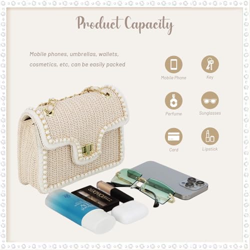 Fecialy Straw Crossbody Bags for Women Summer Straw Beach with Pearls Raffia Shoulder Handbags - color: Beige