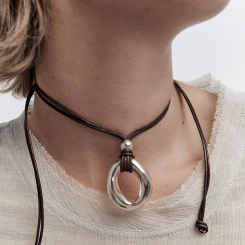 GIGB PBDK Chunky Gold Choker Necklace for Women,Dainty 14K Gold Geometric Hollow Circle Round Pendant Necklace Black Leather Rope Collar Necklace Gifts - color: Silver