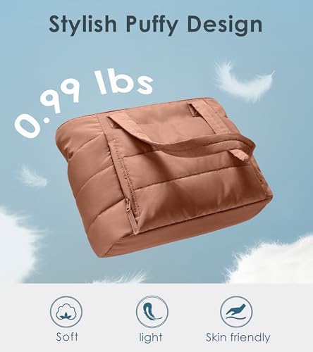 Tote Bag for Women with Zipper, Quilted Puffer Tote Bag with Compartments, Lightweight Puffy Work Bags for Women Travel - color: Pecan Brown