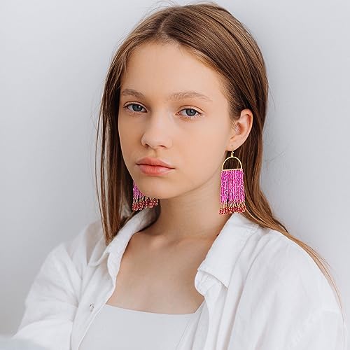 Bohemia Beaded Dangle Earrings - Handmade Seed Bead Earrings, Statement Beaded Tassel Earrings for Women - color: HOT PINK