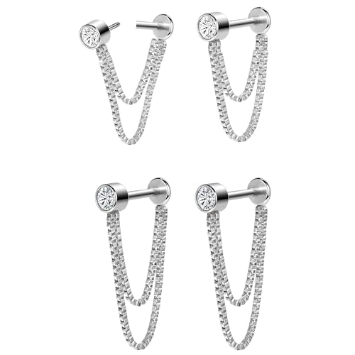 AoedeJ 2 Pairs Stud Earrings for Cartilage - Threadless Flat Back Earrings for Women - color: Silver-Chain1