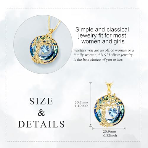 POPLYKE Mothers Day Gifts for Mom Her Wife Tree of Life Necklace 925 Sterling Silver Birthstone Pendant with Crystal Anniversary Birthday Wedding Jewelry for Women - color: 03-Mar-Aquamarine, style: 18K Gold Plated-Blue Crystal