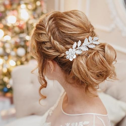 5 PCS Leaf Hair Side Combs Gold Rhinestone Hair Comb Clips with Teeth Wedding Headpiece Hair Accessories for Women, Girls, Bride, Bridesmaid(Silver) - color: Silver