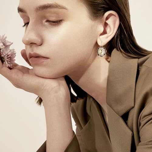 Handmade Bohemian Vintage Gold Sparkly Crystal Round Flower Leverback Earrings Cute Rhinestone Geometry Dangle Drop Earring for Women - color: Champagne