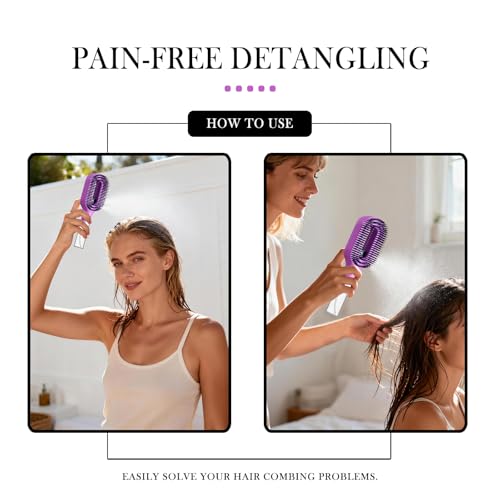 2-in-1 Manual Non-Electric Detangler Hair Brush with Built-In Mister Spray, Wet & Dry Detangling Brush for Curly, Wavy & Straight Hair, No-Tangle Anti-Frizz Brush，Reservoir 50ml.(Purple) - color: Purple