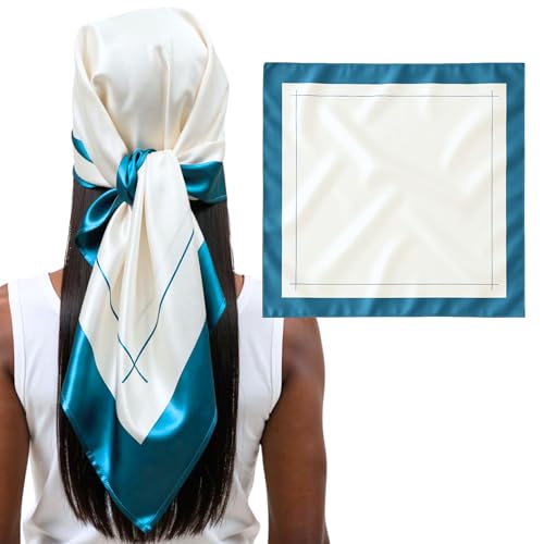100% Mulberry Silk Head Scarf Large 36" - 19 Momme Women's Hair Wrap for Sleeping, Reduce Frizz & Damage, Natural Soft Silk - color: Marina/Ivory