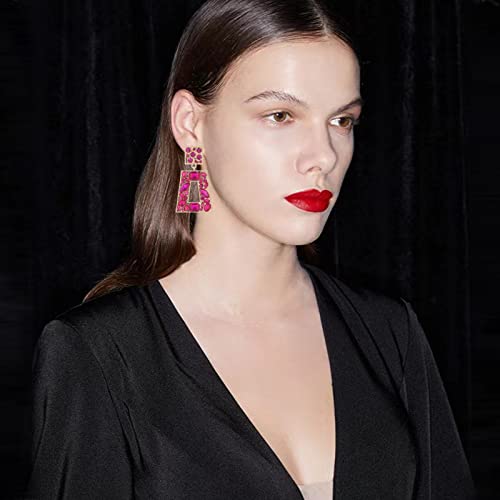 Rhinestone Rectangle Statement Earrings Colorful Crystal Geometric Drop Dangle Earrings for Women Prom Party - color: hot pink
