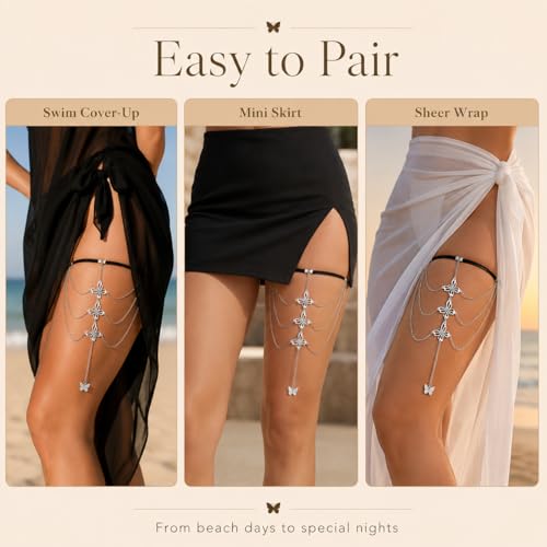 Butterfly Leg Chain for Women Green Butterfly Thigh Jewelry Lace Garter Body Chain Fairy Festival Party Outfit Accessory Gift - color: Silver