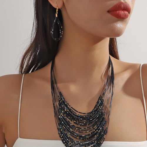 Bohemian Colorful Beaded Earrings Necklace Geometric Teardrop Dangle Earrings Multi-layered Stackable Choker Necklaces Boho Seed Bead Chain Statement Beach Party Accessories - color: Black B