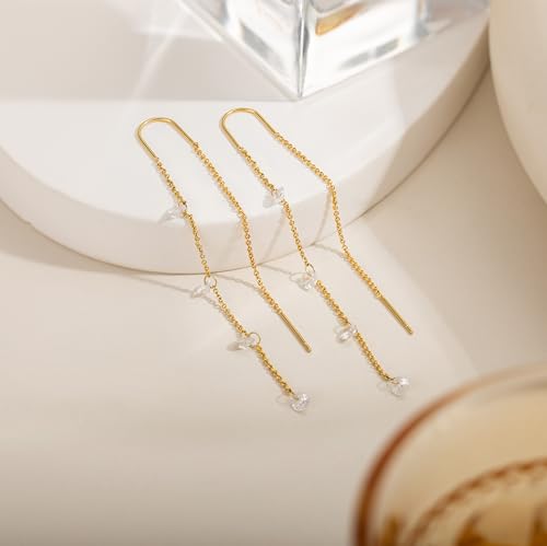 Pearl Earrings for Women, Gold Plated Huggie Hoop Drop Earrings | Hypoallergenic pearl hoop earrings designed for multiple piercings, cartilage styling and everyday wear - style: 3mm gold cz dangel earrings