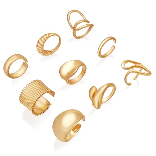 9-11PCS Gold Stackable Rings Set for Women - Gold Plated Adjustable Chunky Statement Rings for Daily Wear, Layering, Parties - style: 9PCS Gold