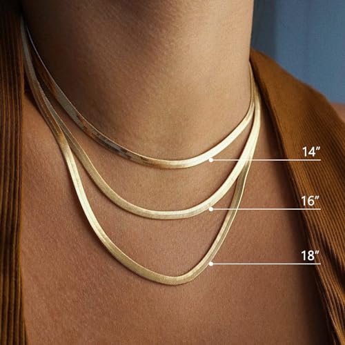 NECOCY 14K Gold Plated Necklaces for Women, Dainty Gold Herringbone Choker Necklace Thin Layered Snake Chain Jewelry for Gifts - color: 3MM 16"-GD Herringbone Necklace