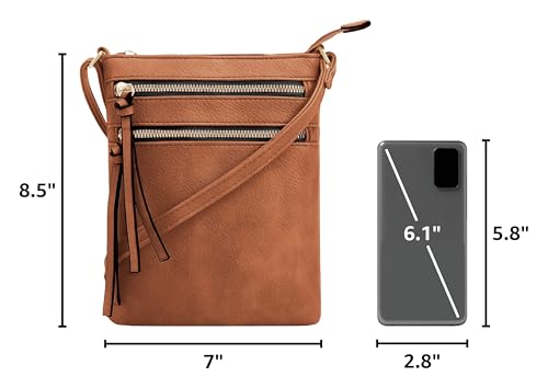 DELUXITY Crossbody Purse Bag Shoulder Bag Multi Pocket Zipper Purse - color: Cognac