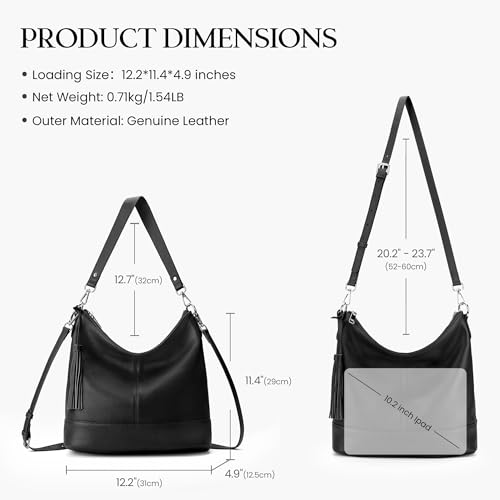Genuine Leather Hobo Crossbody Bag for Women, Soft Real Leather Bucket, Shoulder Handbag Purse with 2 Removable Strap - color: Black
