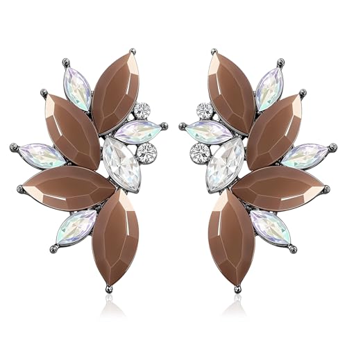 Bohemian Statement Sparkly Colourful Fancy Rhinestone Crystal Flower Dangle Drop Stud Earrings Vintage Wedding Bridal Prom Earrings for Women - color: Brown